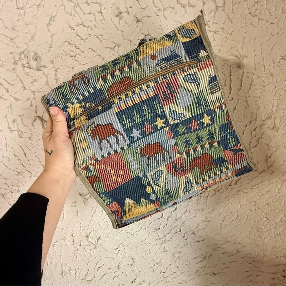 Vintage Tapestry Tote Bag Cabin Lodge Style | Moose Bear Mountain Print Shoulder - Picture 10 of 11